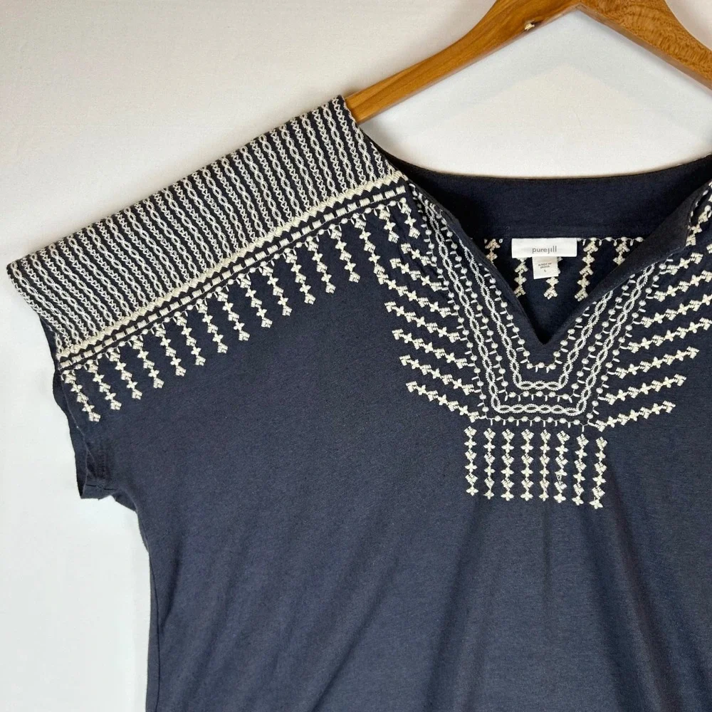 Pure Jill J Jill Embroidered V Neck Top Gray Linen Cotton Blend Women's L - Picture 6 of 12